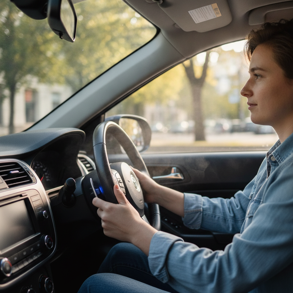 Driver adjusting climate control with cool air from vents after following a car AC service maintenance schedule