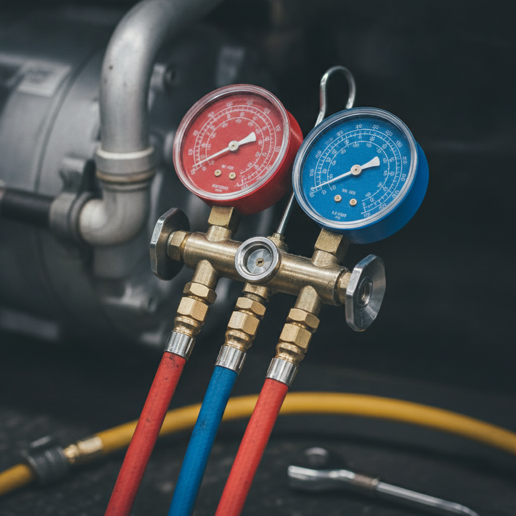 Close-up AC manifold gauges on a car during car AC service maintenance schedule inspection in a professional auto shop
