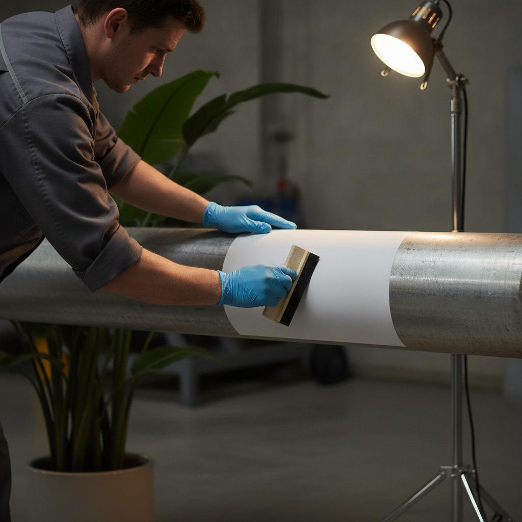 Technician applying waterproof vinyl sticker to an industrial pipe using a squeegee for proper adhesion