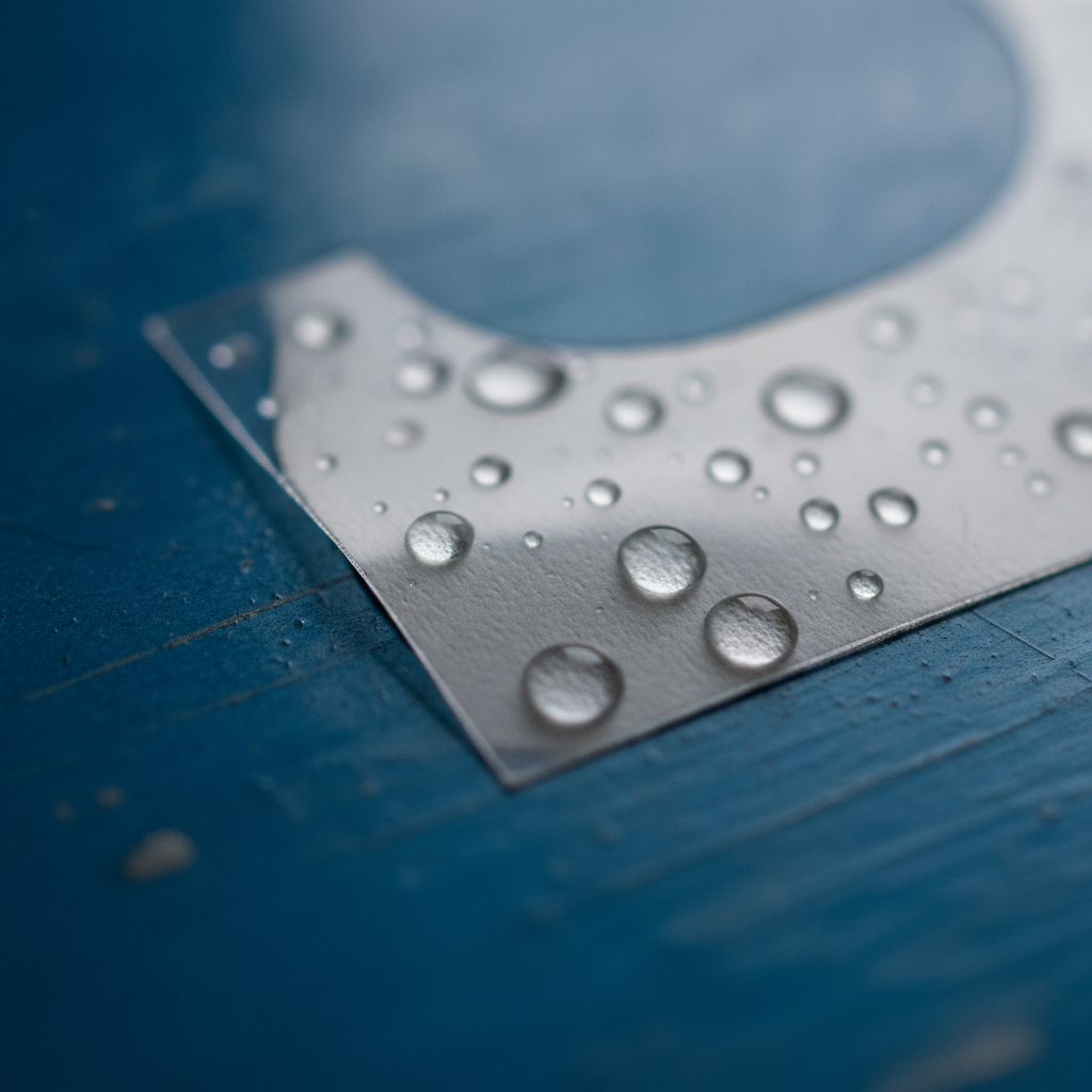 Close-up of waterproof vinyl sticker with overlaminate and water beading for industrial labeling