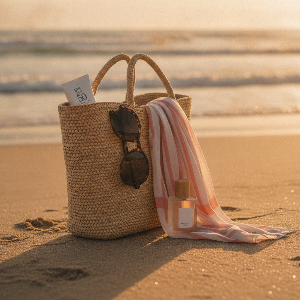 summer scents lifestyle scene with beach tote, sunglasses, scarf, sunscreen, and a minimalist perfume bottle for warm-weather travel