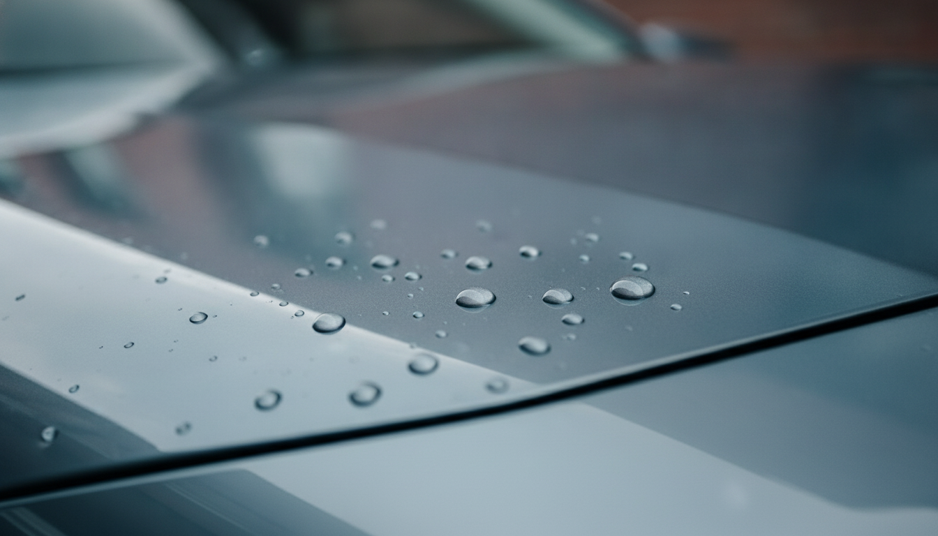 Water beading on a freshly coated new car hood showing hydrophobic ceramic coating benefits for new cars