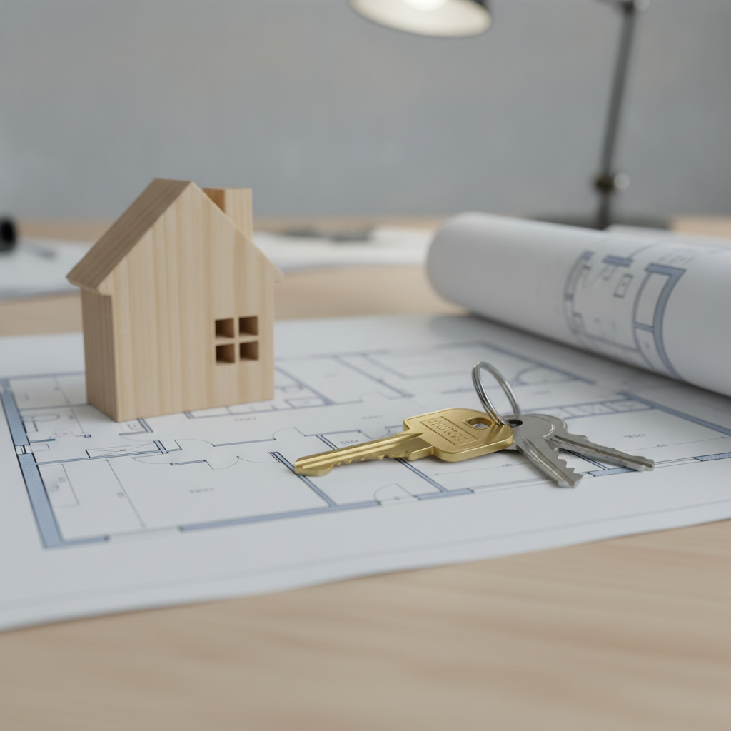 Close-up of house key on floor plan illustrating MLS listings Guelph search setup and offer planning