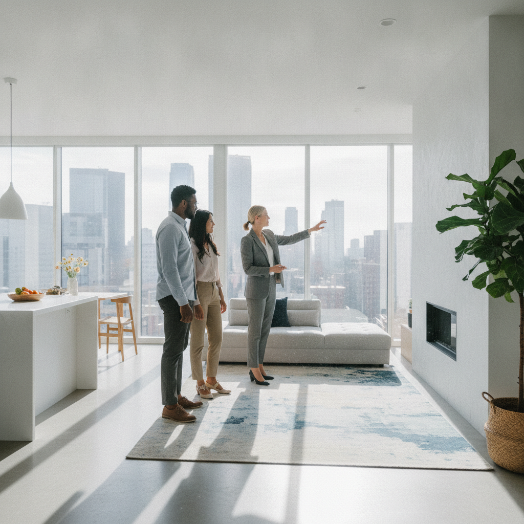 Home showing scene with realtor guiding buyers through a bright living room, reflecting MLS listings Guelph tours