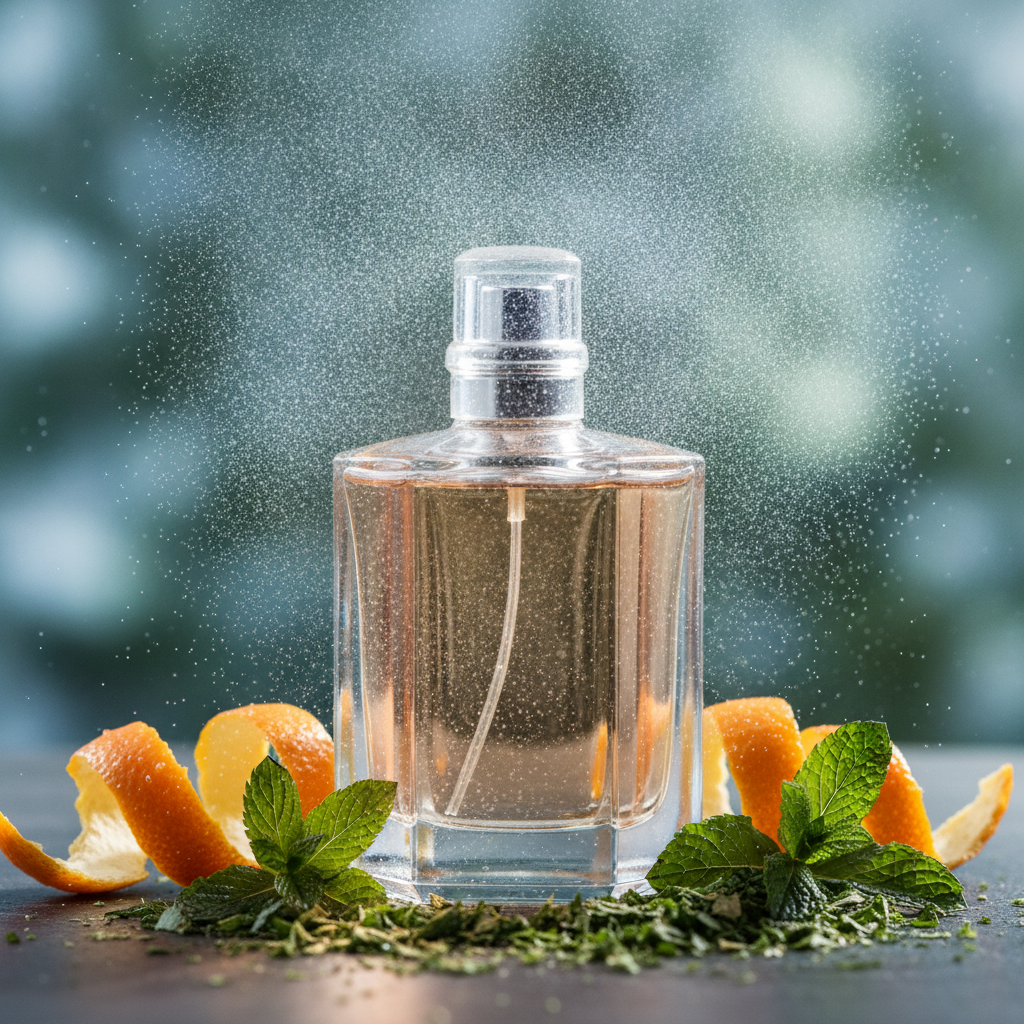 macro close-up of refreshing summer scents citrus mist over a perfume bottle with mint and lemon peels