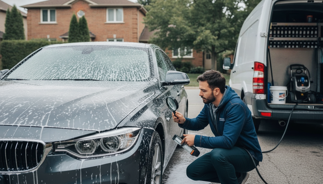 Prime Auto Wash mobile detailing van preparing a new car for ceramic coating in a Mississauga neighborhood driveway