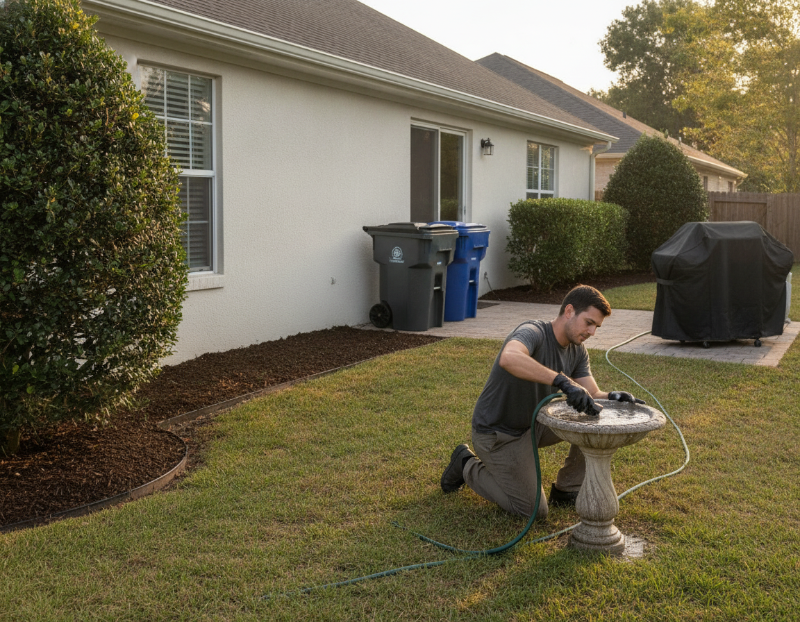 Backyard sanitation for wasp prevention: sealed bins, covered grill, clean birdbath, and trimmed shrubs