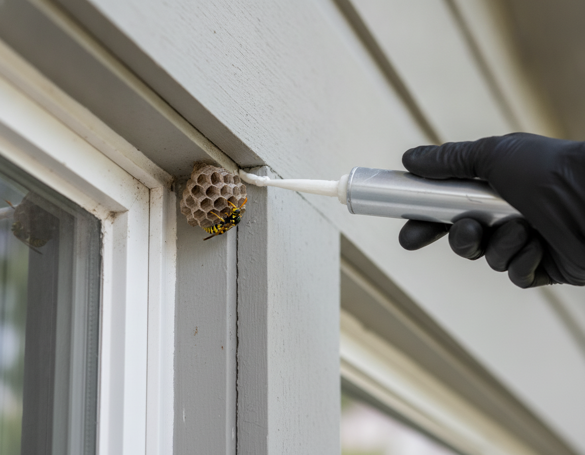 Close-up of a small paper wasp nest under an eave near a window being sealed for wasp prevention around home