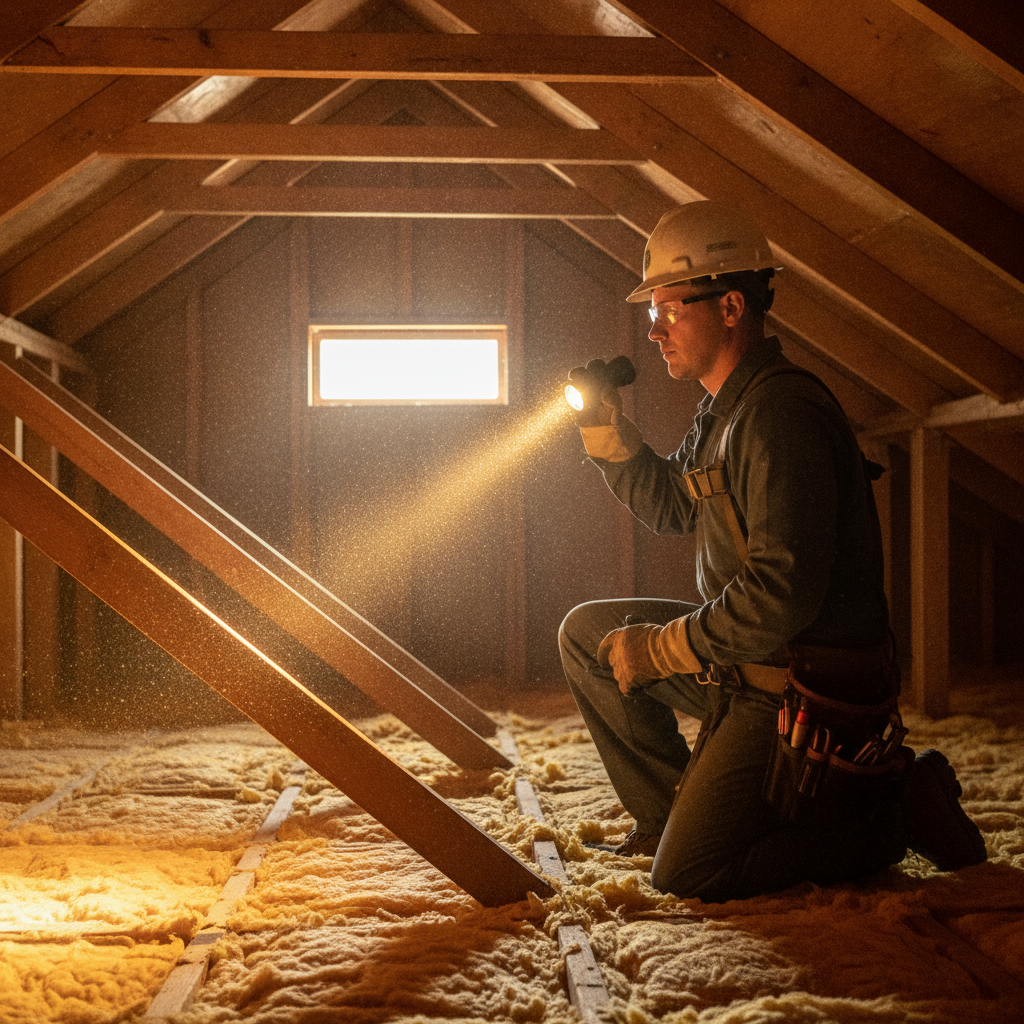 Certified home inspector kneeling in an attic inspecting insulation, ventilation, and roof trusses with a flashlight