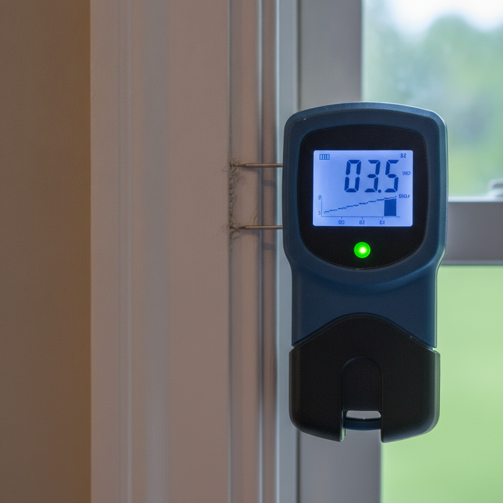 Certified house inspector using a moisture meter on interior drywall near a window frame during a residential home inspection