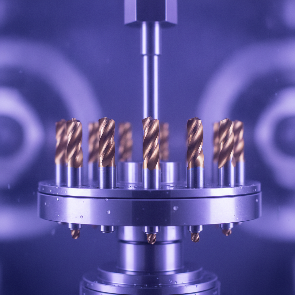 Close-up of PVD vacuum chamber with plasma glow applying titanium nitride coating on rotating tooling
