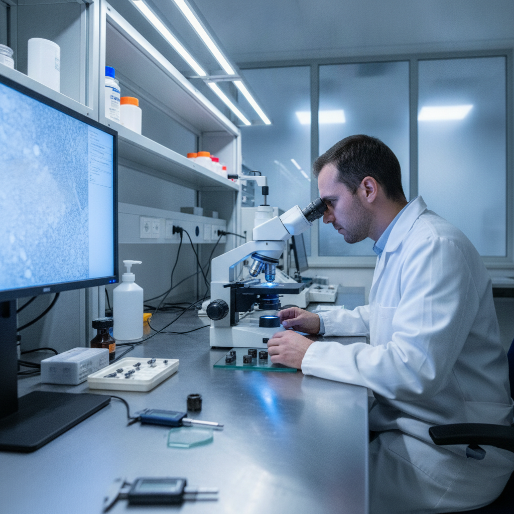 Quality control lab inspection of DLC-coated components under a microscope after PVD deposition