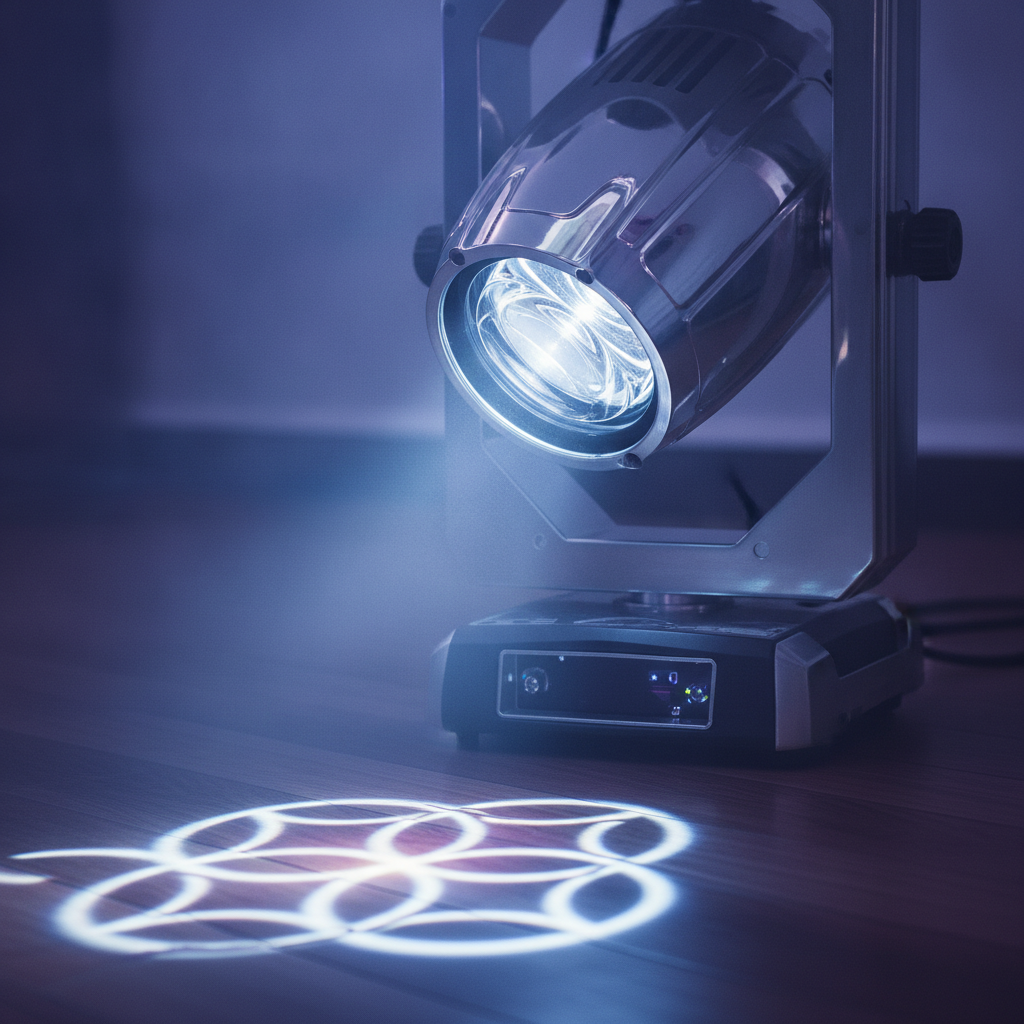 Close-up moving head stage light projecting a gobo pattern for wedding lighting design