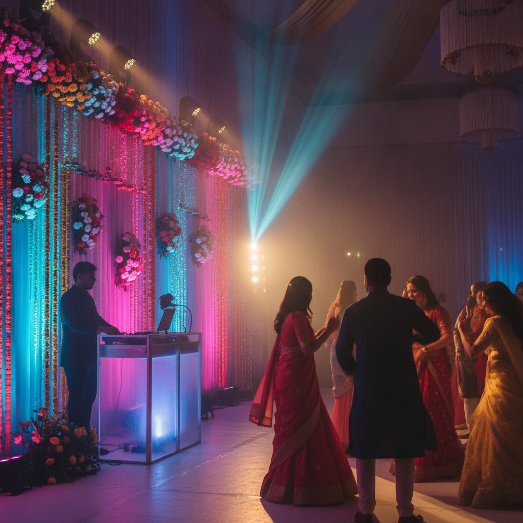 Vibrant sangeet stage with colorful wash lights, pin spots on floral decor, and a sleek DJ booth
