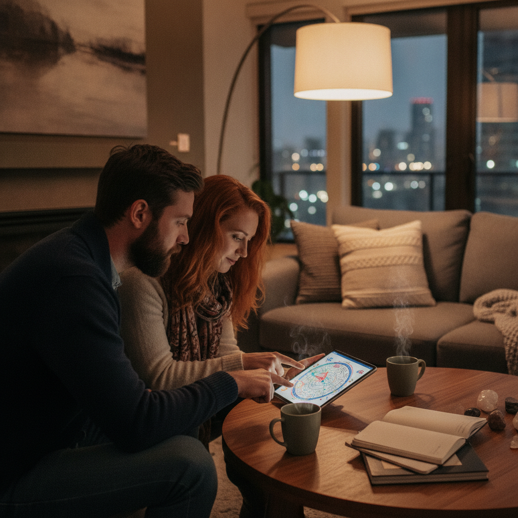 Two people reviewing a natal chart on a tablet during a home astrology session in Brampton