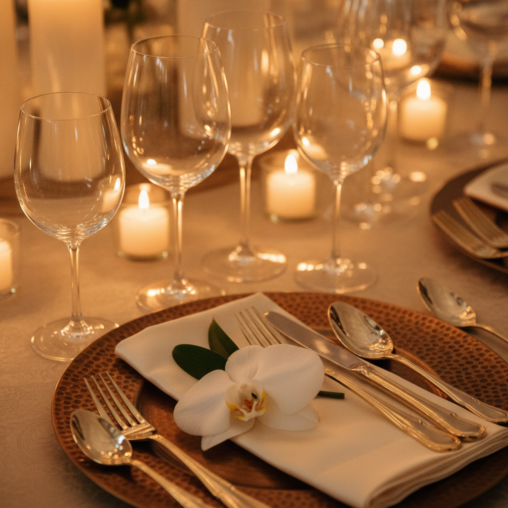 Luxury event tablescape close-up with crystal glassware, gold flatware, silk napkin, and white orchid centerpiece