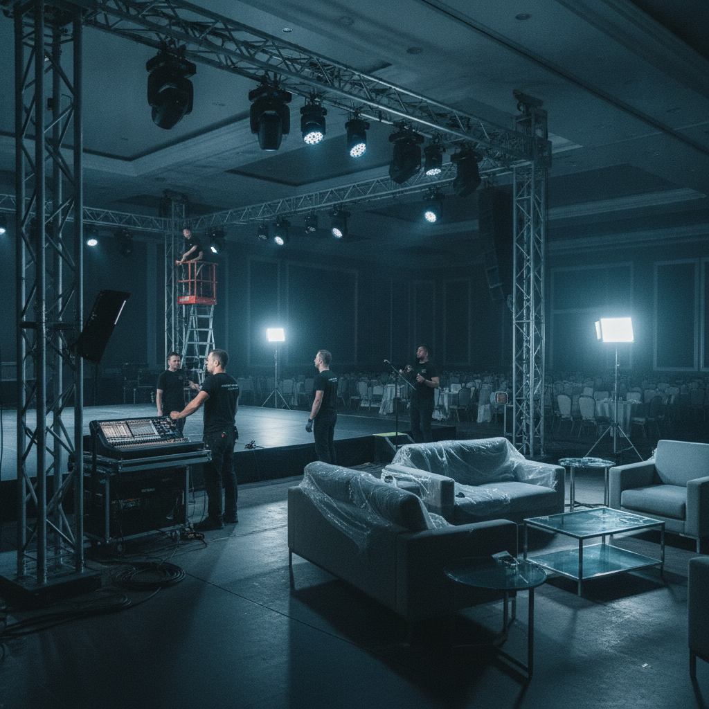 Event production crew focusing stage lighting and sound in an empty ballroom before guest arrival