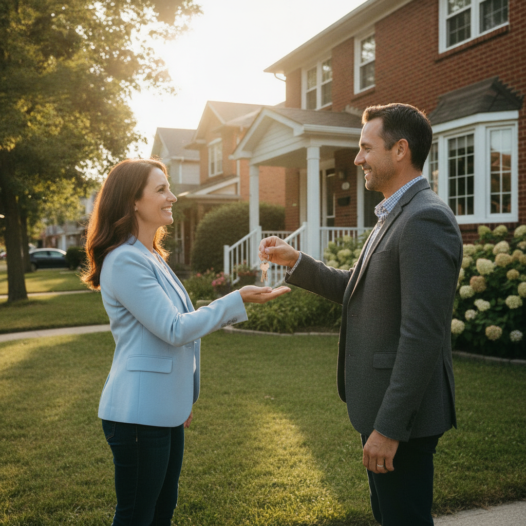 Happy home buyer receiving keys from a real estate agent in North York after a successful negotiation and closing