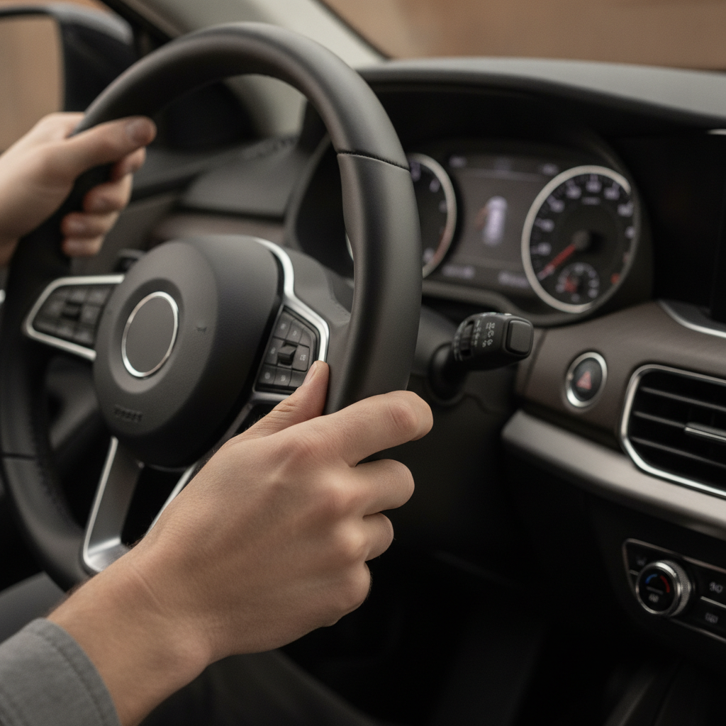 Close-up of hands on steering wheel with turn signal lever, illustrating careful driving to avoid traffic tickets in Ontario