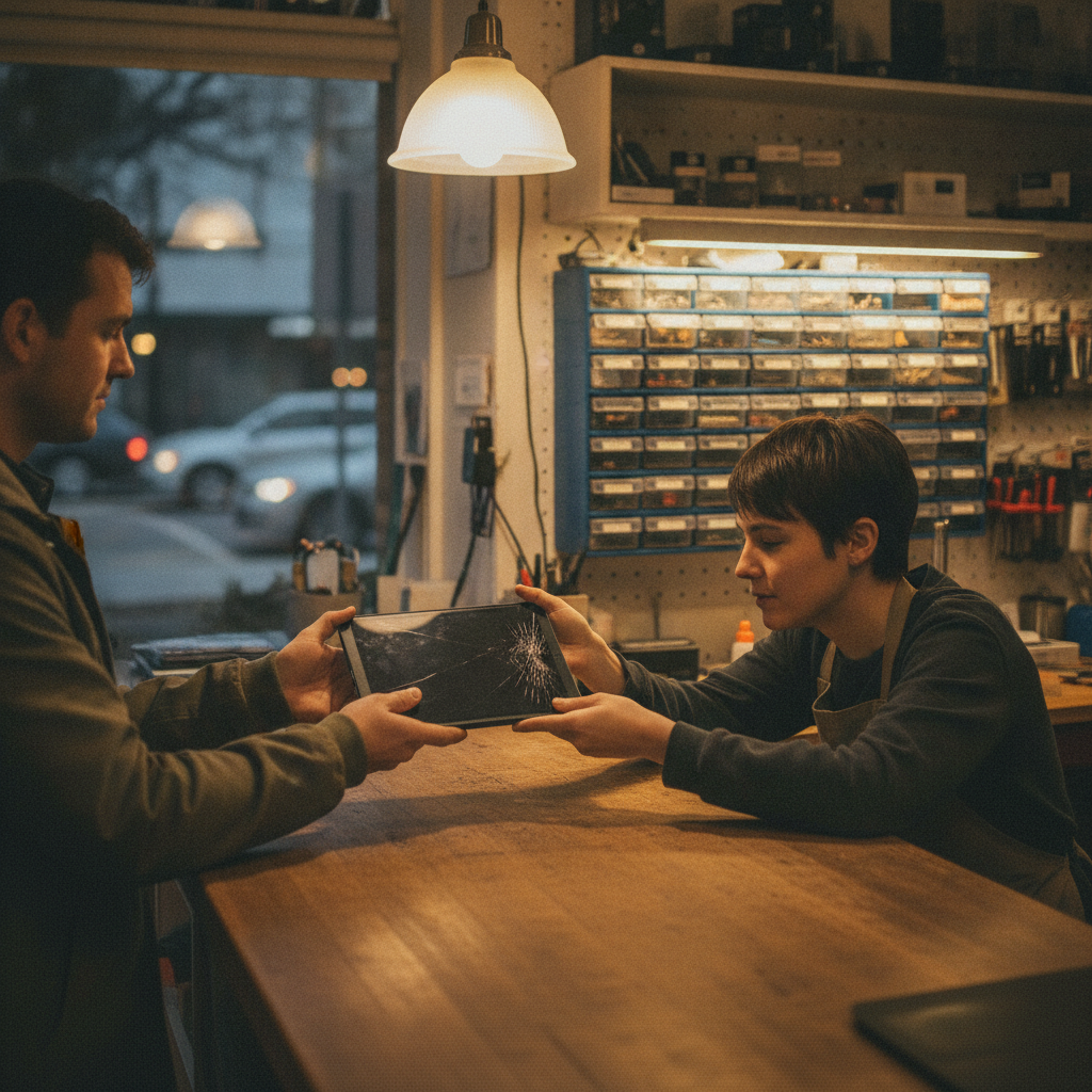 Customer handing a cracked-screen tablet to a repair technician in a Calgary neighborhood shop