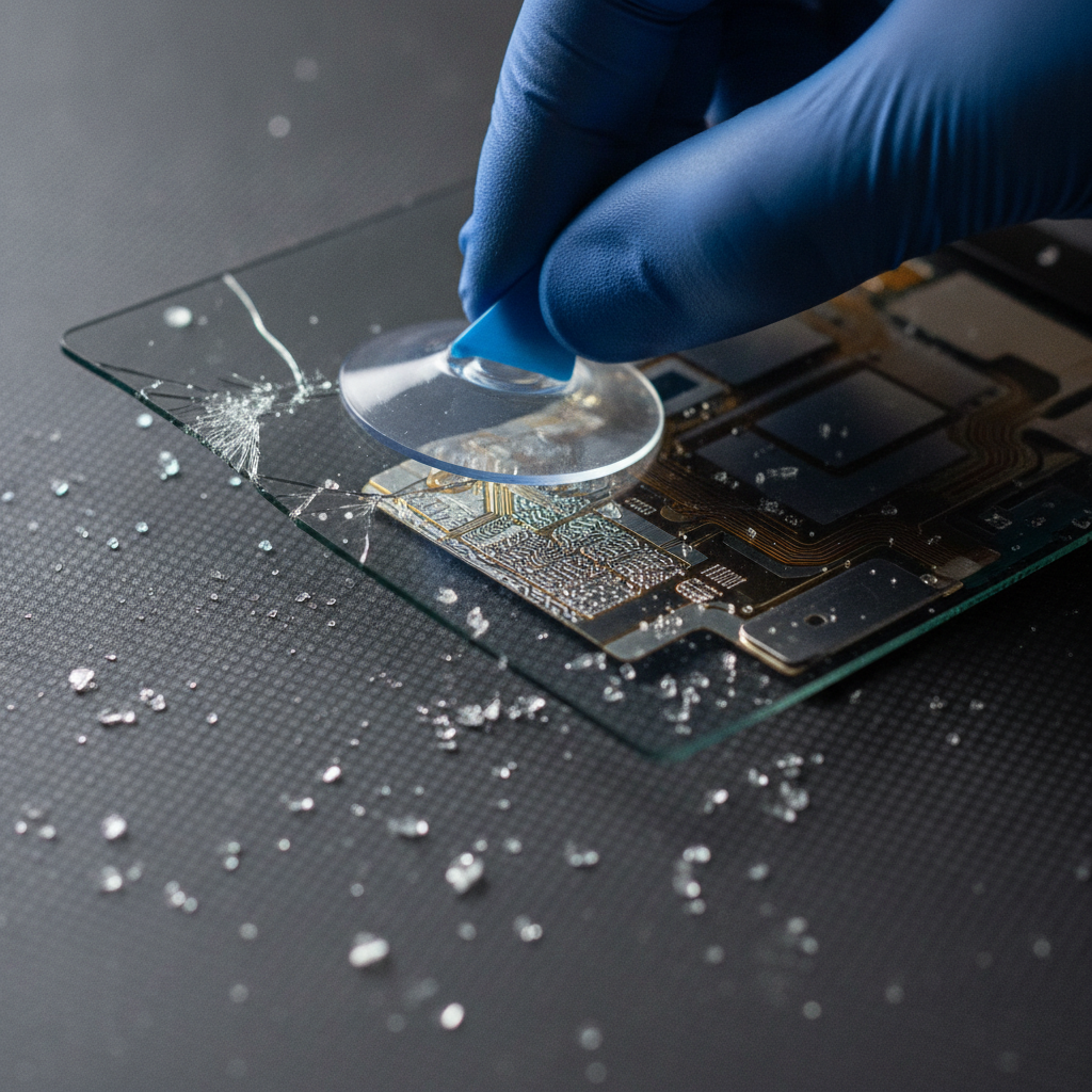 Close-up of a technician lifting shattered tablet glass during screen repair checklist steps