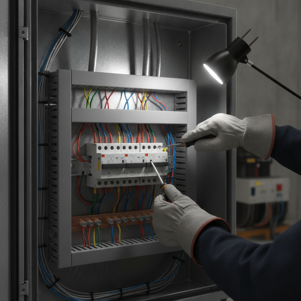 Close-up of commercial electrical panel work during office remodeling in Edmonton with organized wiring and compliant conduit