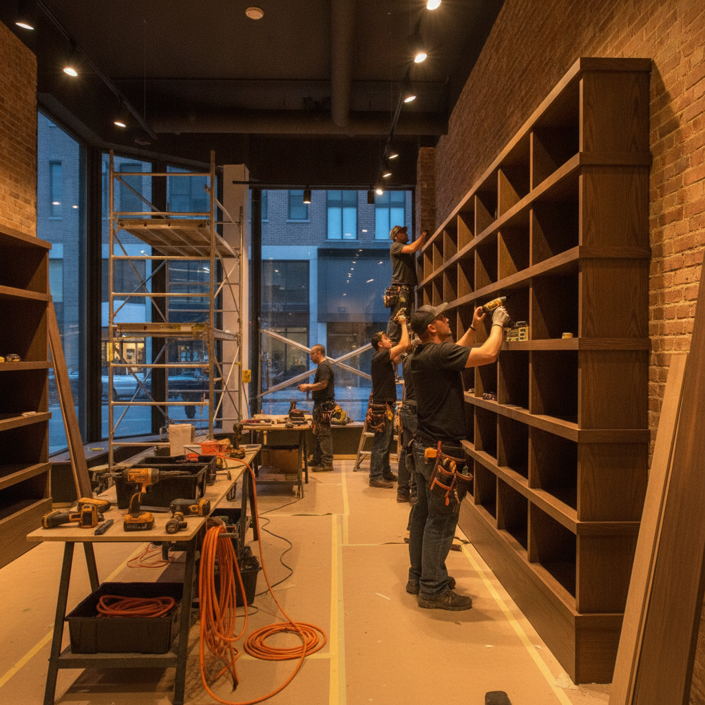 Retail renovation in Edmonton with carpenters installing custom shelving and track lighting during a commercial remodeling project