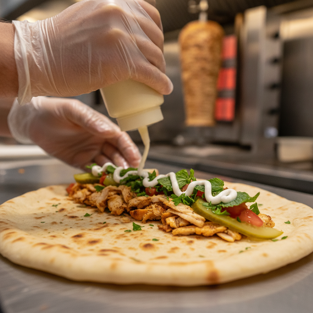 Close-up of a shawarma wrap assembly for event catering with garlic sauce, pickles, tomatoes, and herbs in Old Toronto
