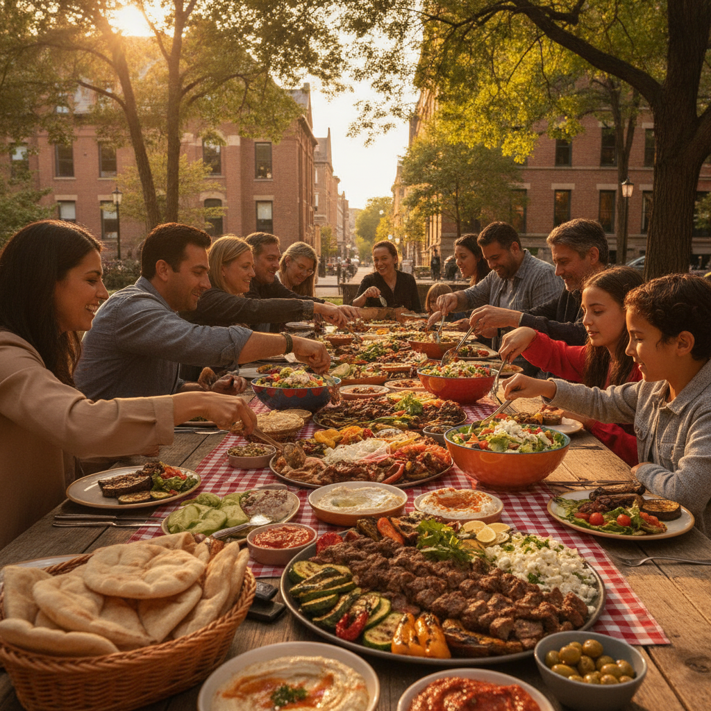 Outdoor family-style celebration table in Old Toronto with Turkish meze and shawarma platters at golden hour