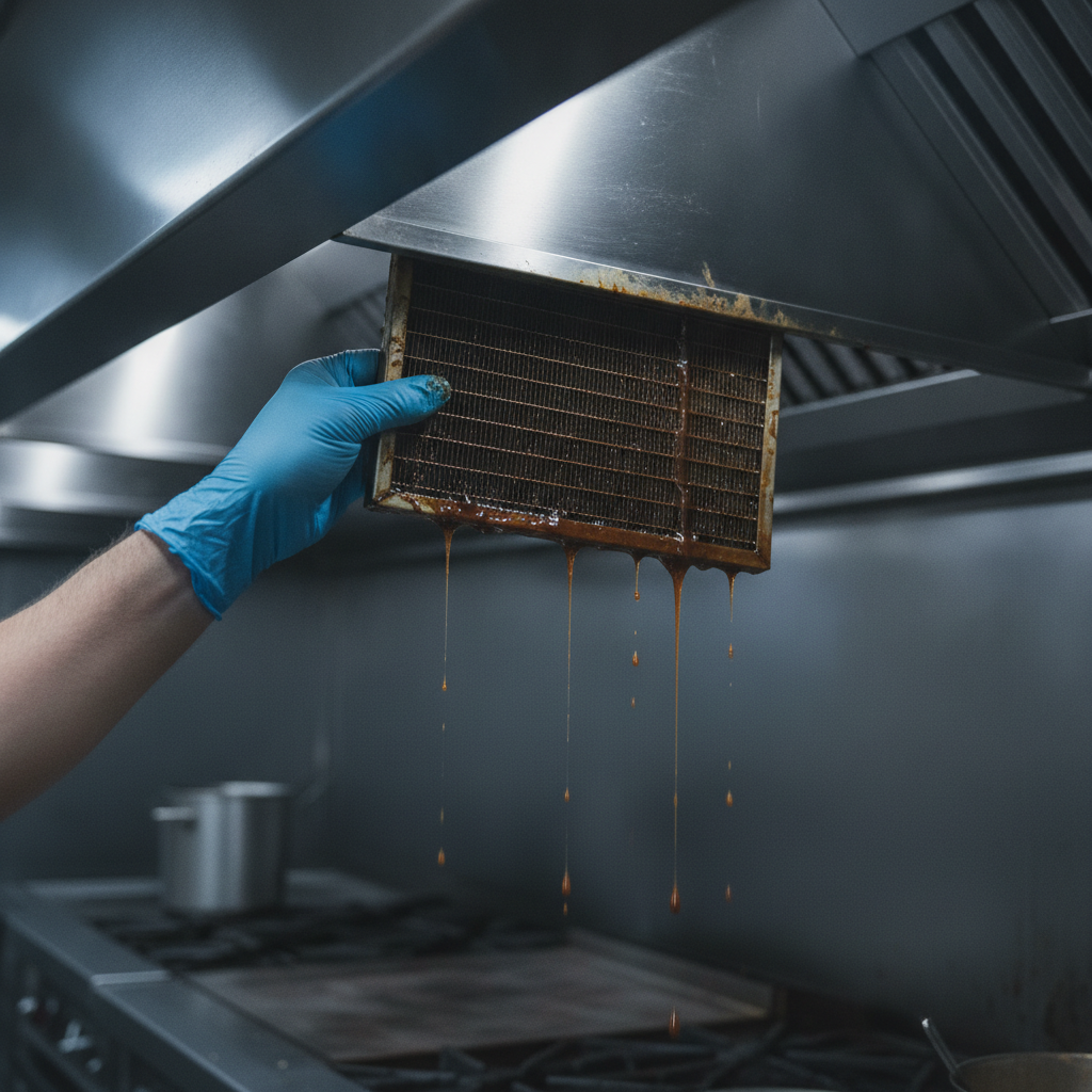 Technician removing greasy baffle filter for hood cleaning as part of a commercial kitchen fire prevention checklist