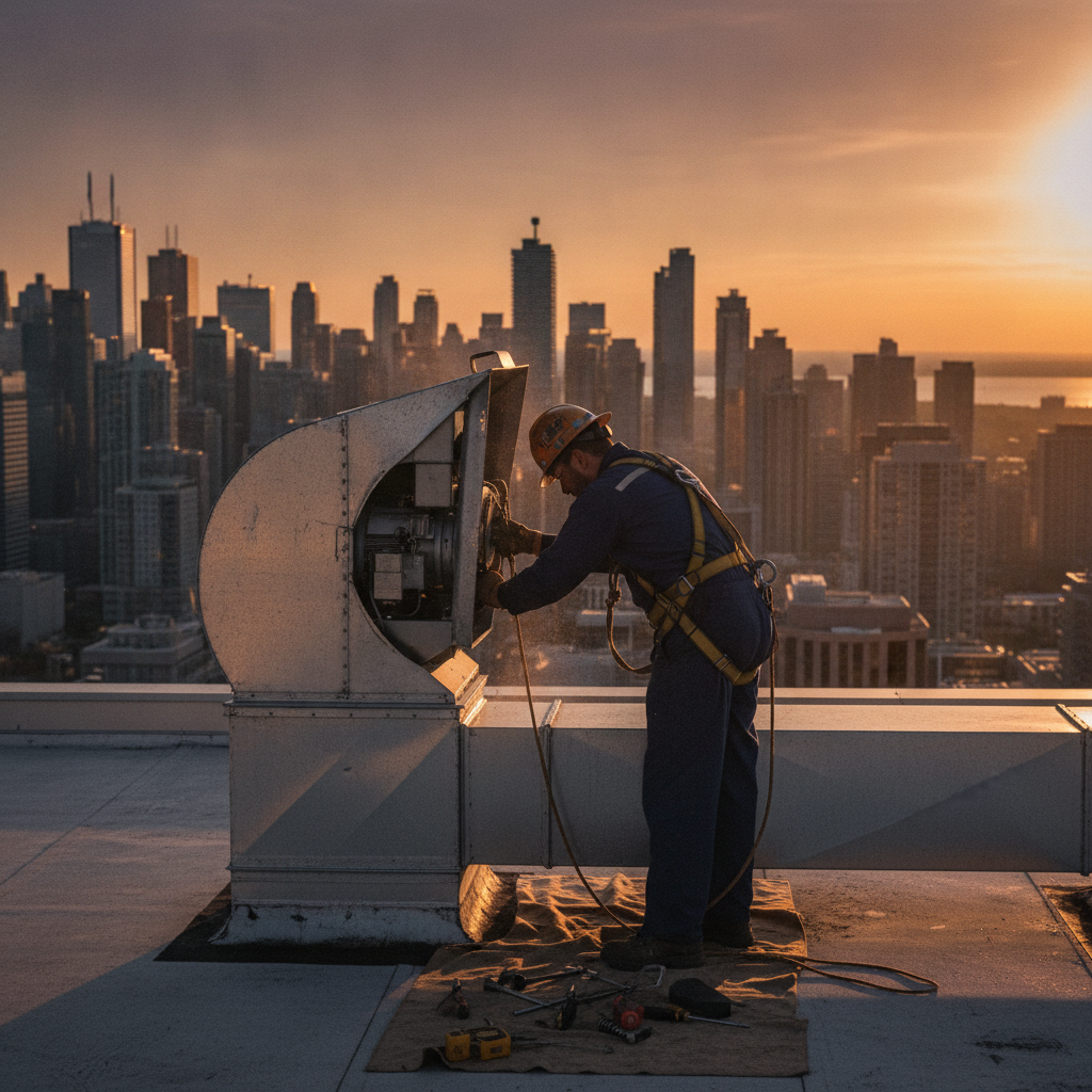 Rooftop upblast exhaust fan maintenance for Ontario restaurant as part of fire prevention program