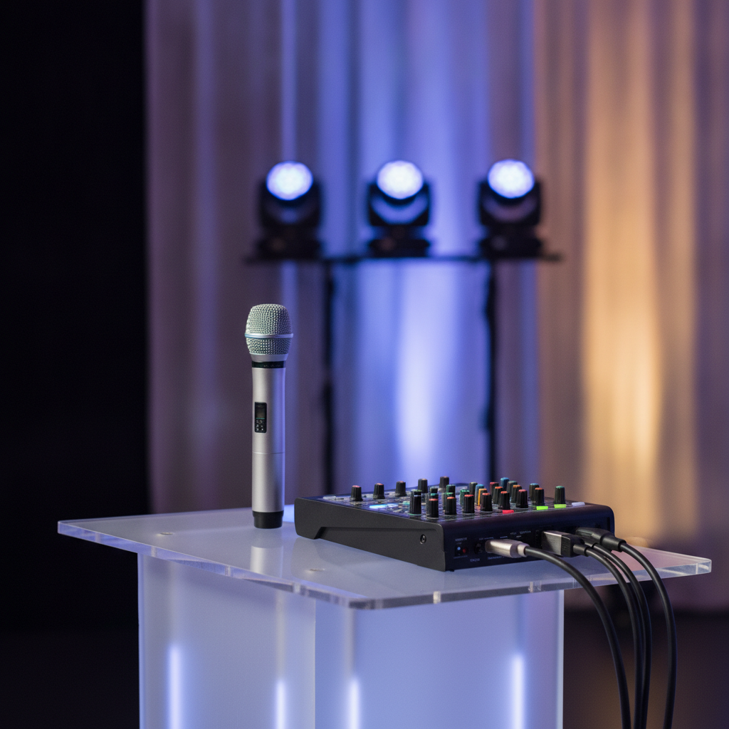 Detail shot of seminar AV setup with wireless microphone, audio mixer, and stage lighting at a Mississauga seminar venue