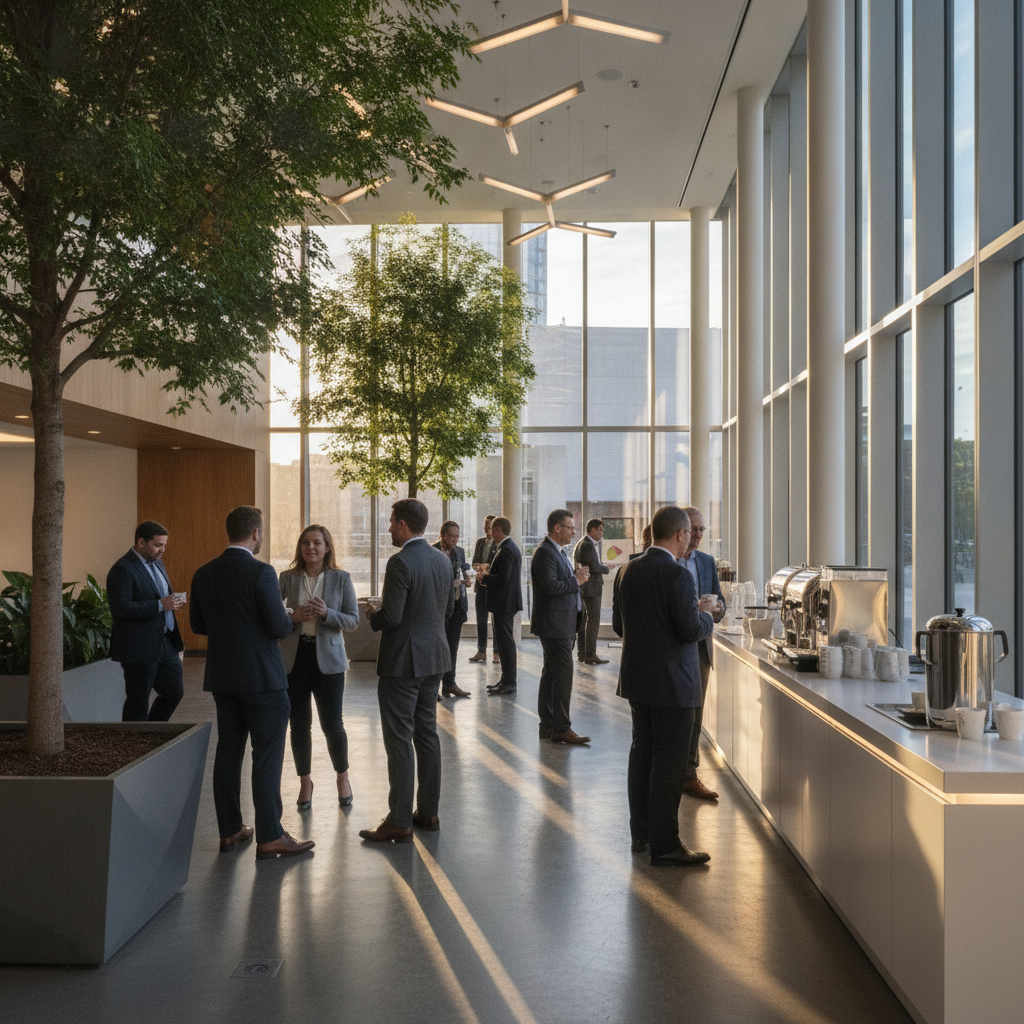 Networking during a seminar break in a bright foyer at a Mississauga event venue with coffee stations and natural light