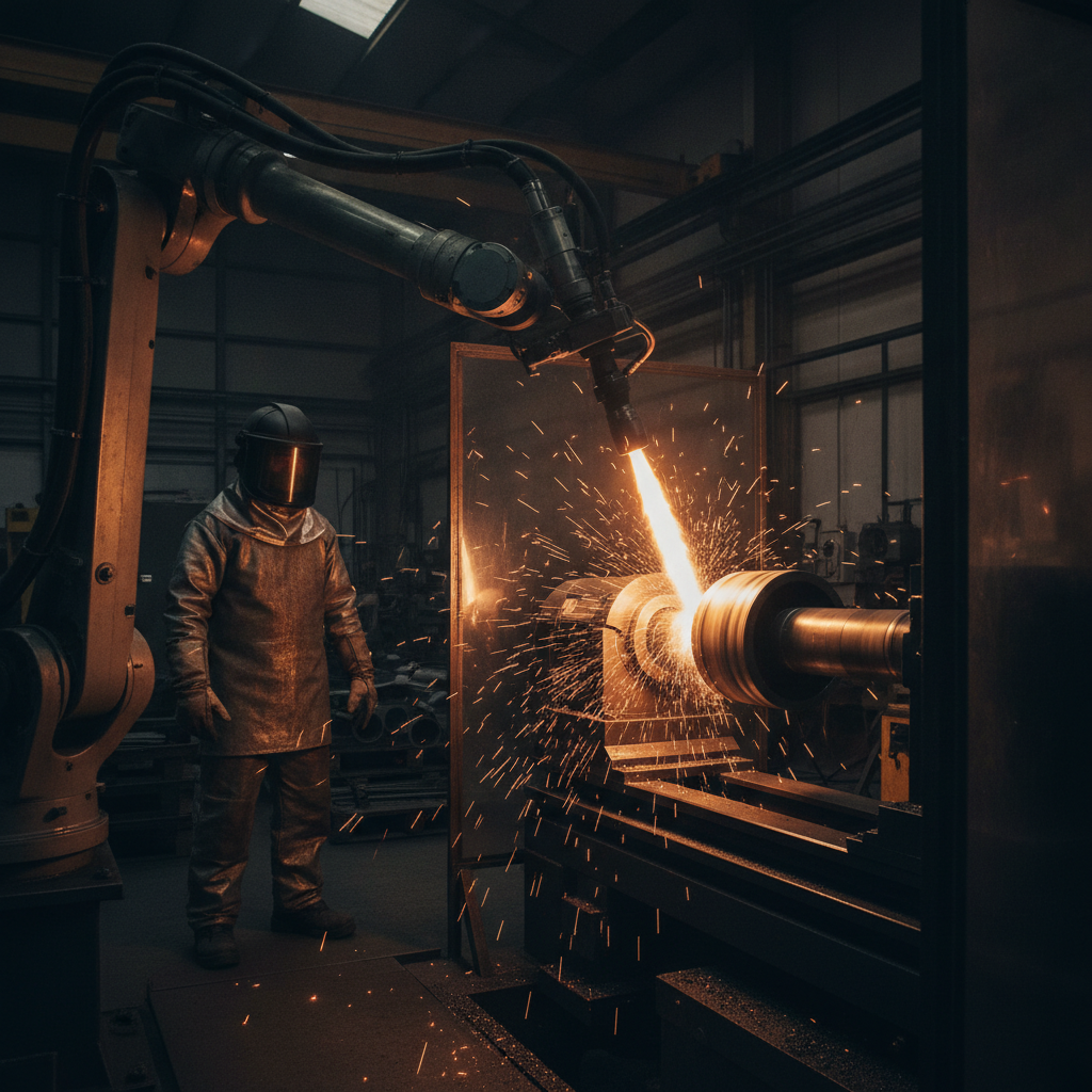 Robotic HVOF thermal spray applying a dense overlay to a shaft; industrial coatings services scene
