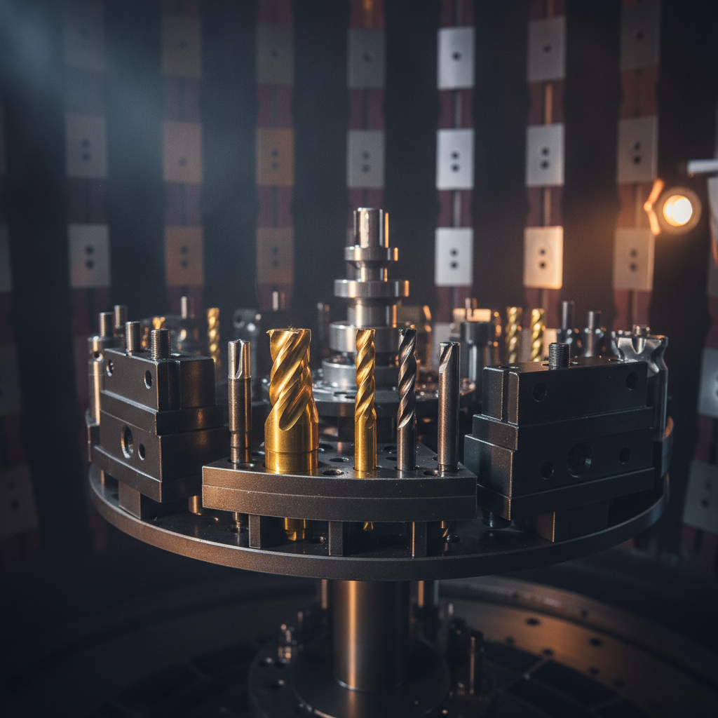 Close-up inside a PVD coating chamber with DLC and TiN on cutting tools and dies; industrial coatings services detail view