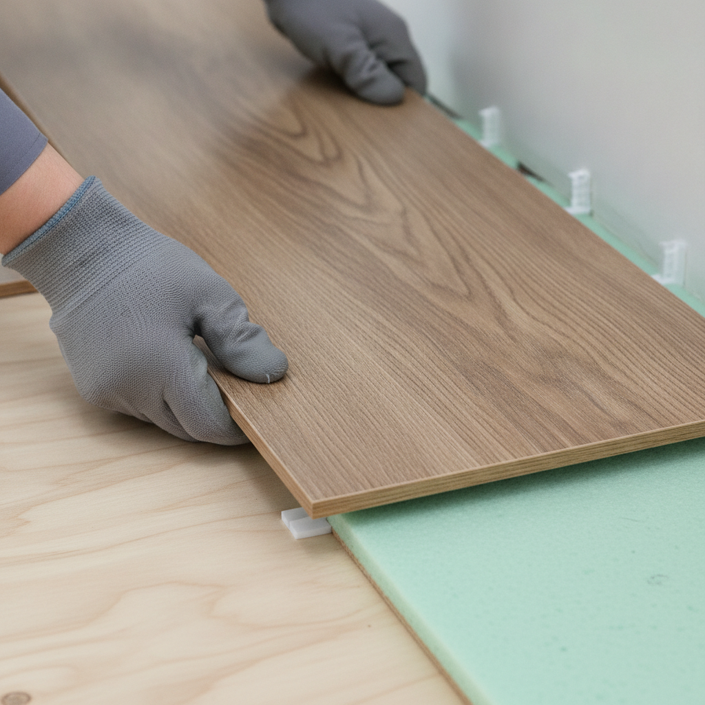 Close-up of click-lock luxury vinyl flooring installation showing tongue-and-groove seam, underlayment, and spacers for a precise fit