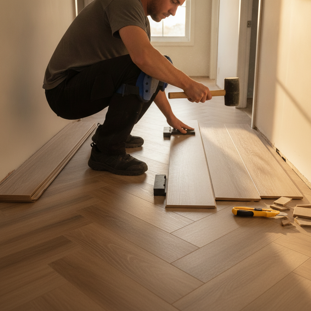 Contractor using a tapping block and mallet to seat luxury vinyl planks in a hallway during renovation