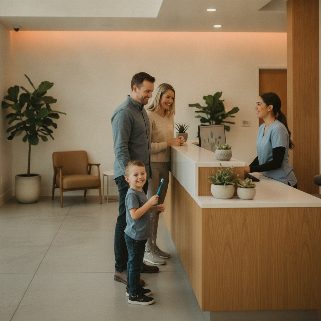 Family at a dental reception desk in Scarborough preparing for a general dentistry visit