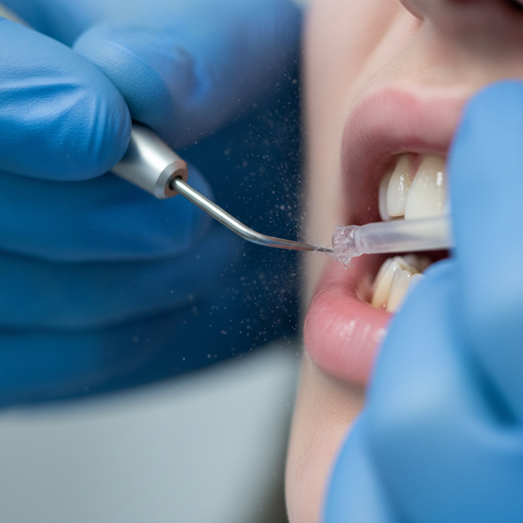 Close-up of ultrasonic scaler during professional teeth cleaning as part of general dentistry visit