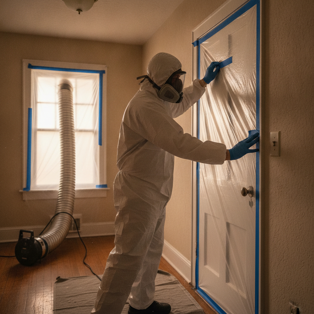 Containment setup with clear plastic and negative air during professional mold remediation after testing