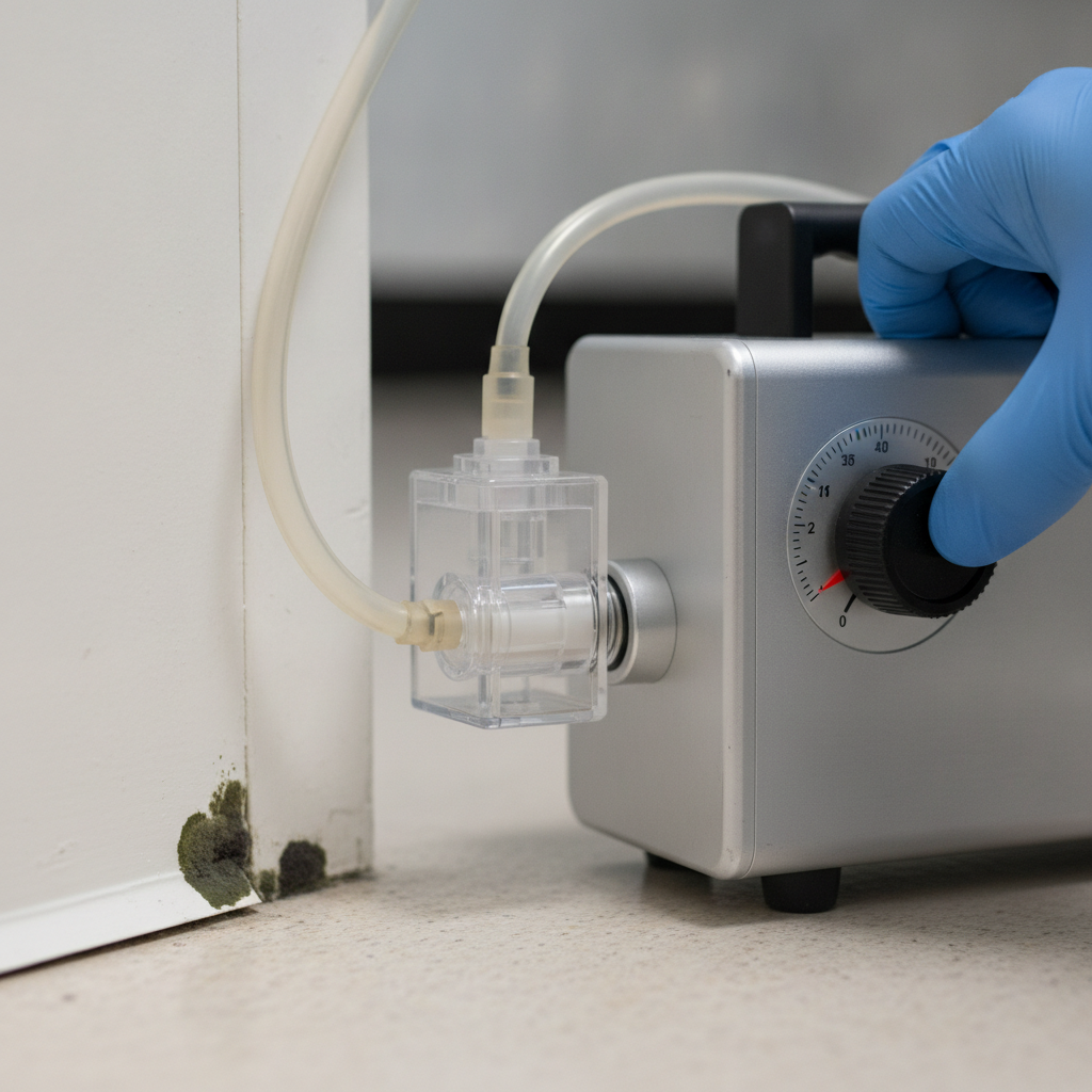 Close-up of air sampling pump with spore trap cassette used during a toxic mold test in Scarborough home