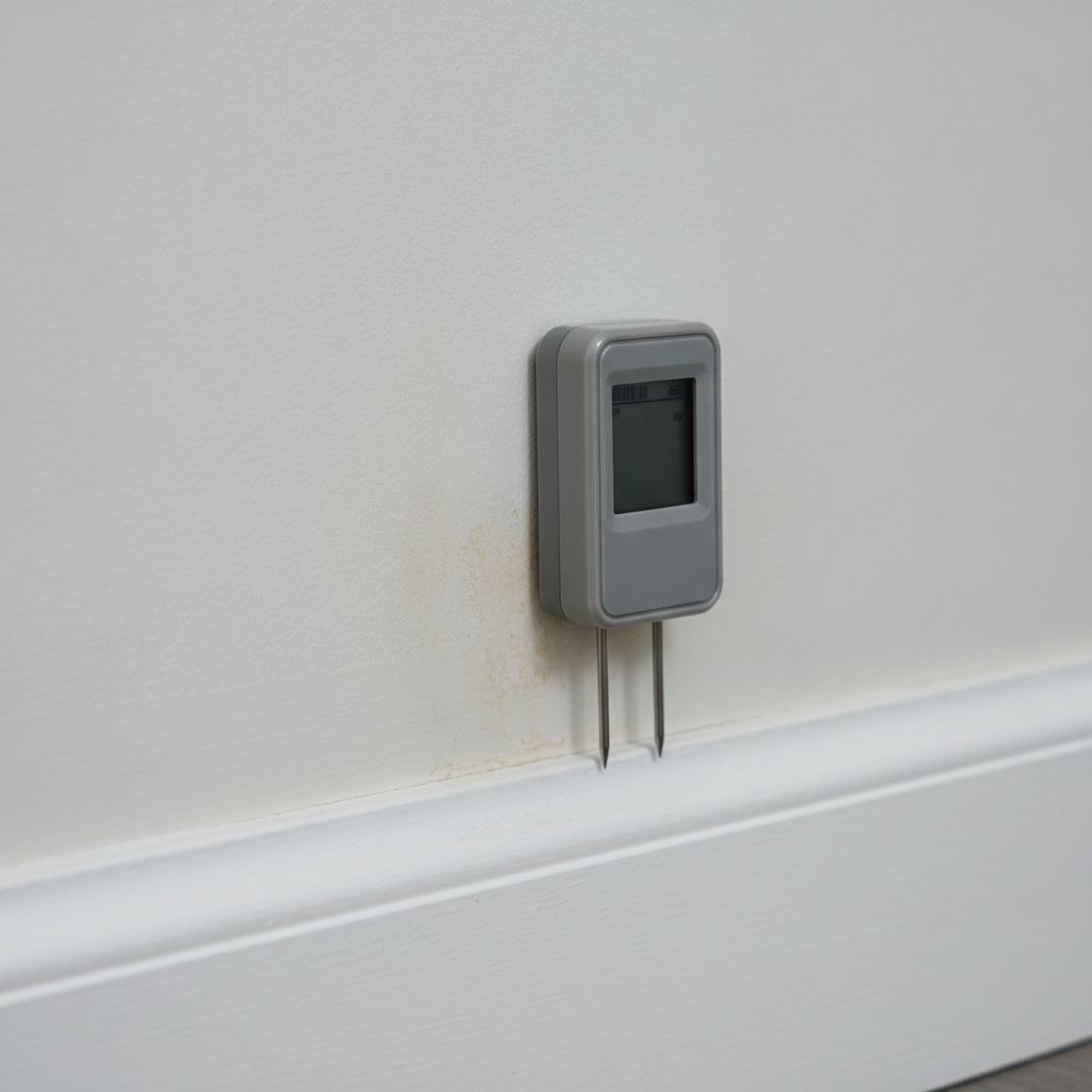 Moisture meter close-up during residential home inspections showing water staining at baseboard