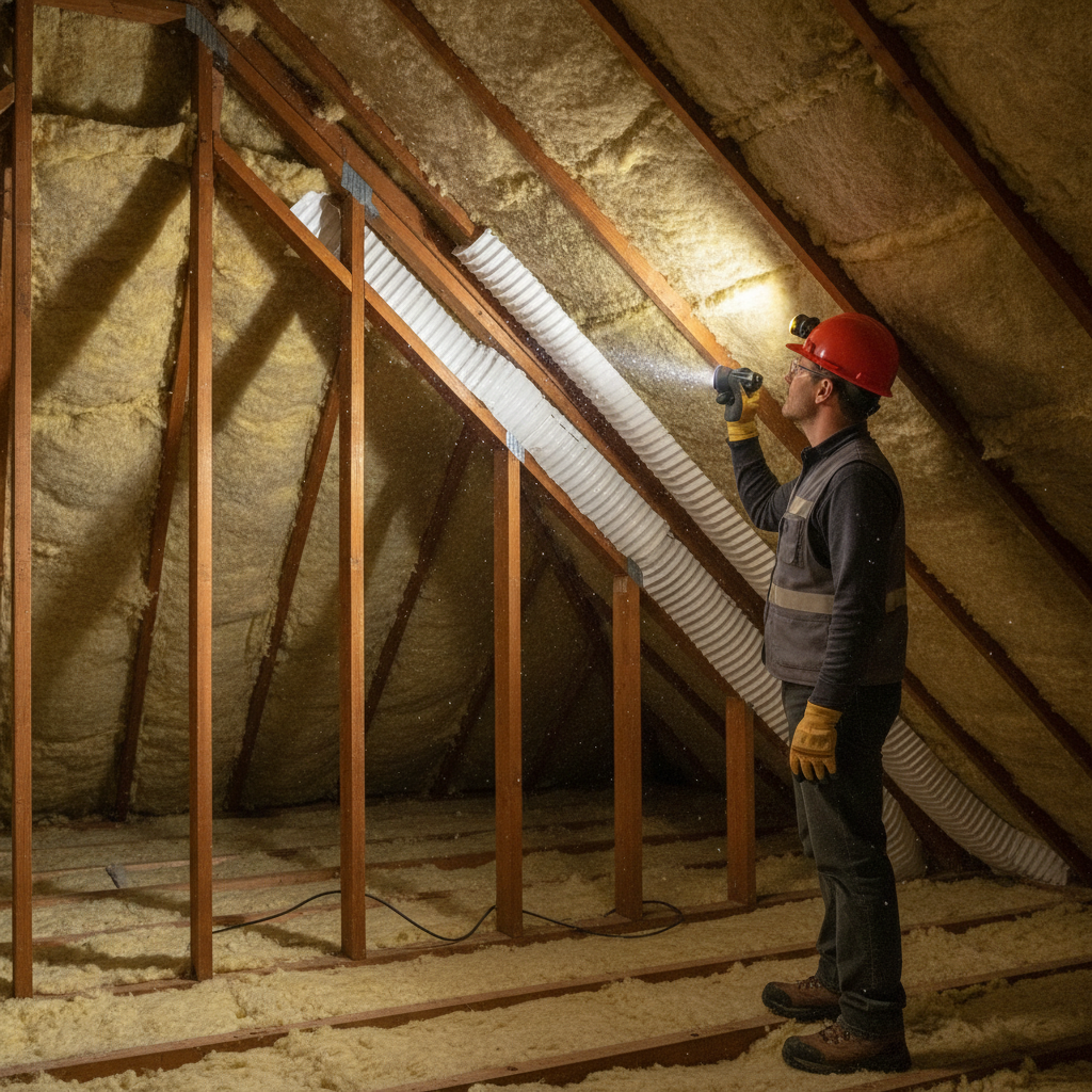 Inspector in attic during residential home inspections checking insulation and ventilation baffles with flashlight