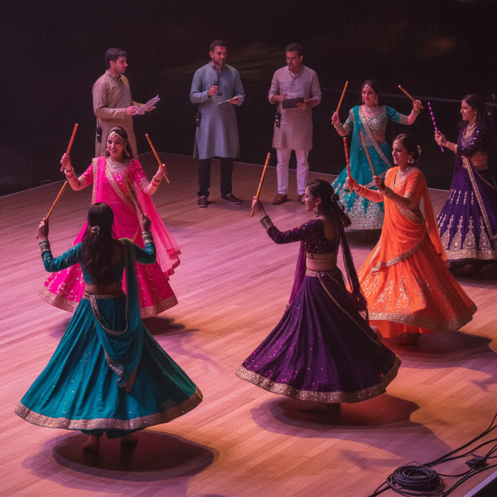 Sangeet dance rehearsal in London with planners coordinating dandiya and lighting cues