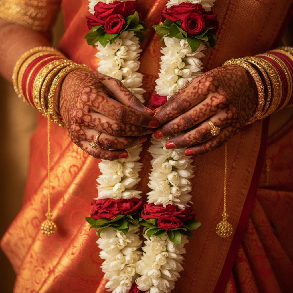 Close-up of Gujarati jaimala and mehndi detail for Gujarati wedding planning in London
