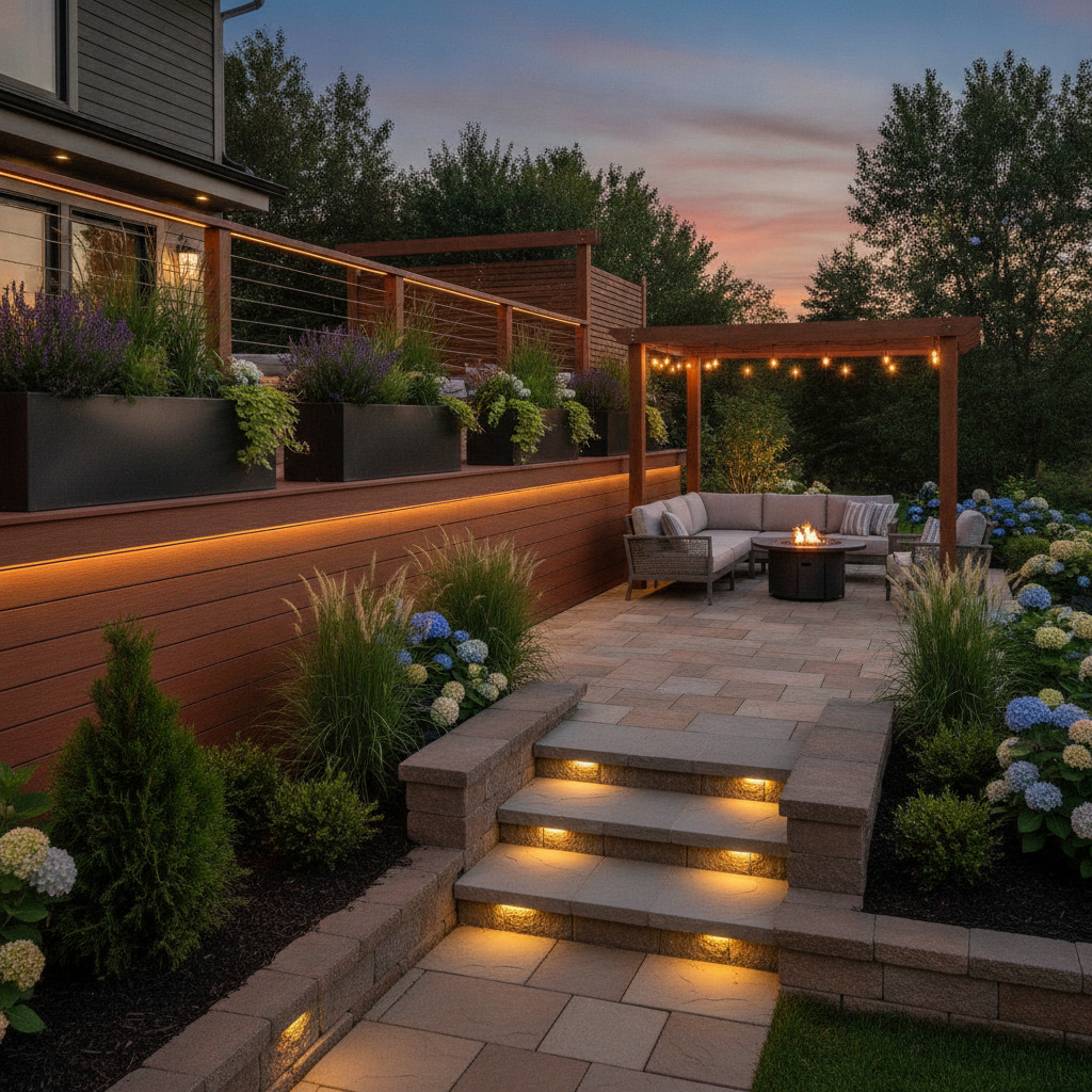 Evening backyard scene with modern planter boxes, paver patio, steps, and soft low-voltage landscape lighting highlighting a refreshed deck and beds in Mississauga