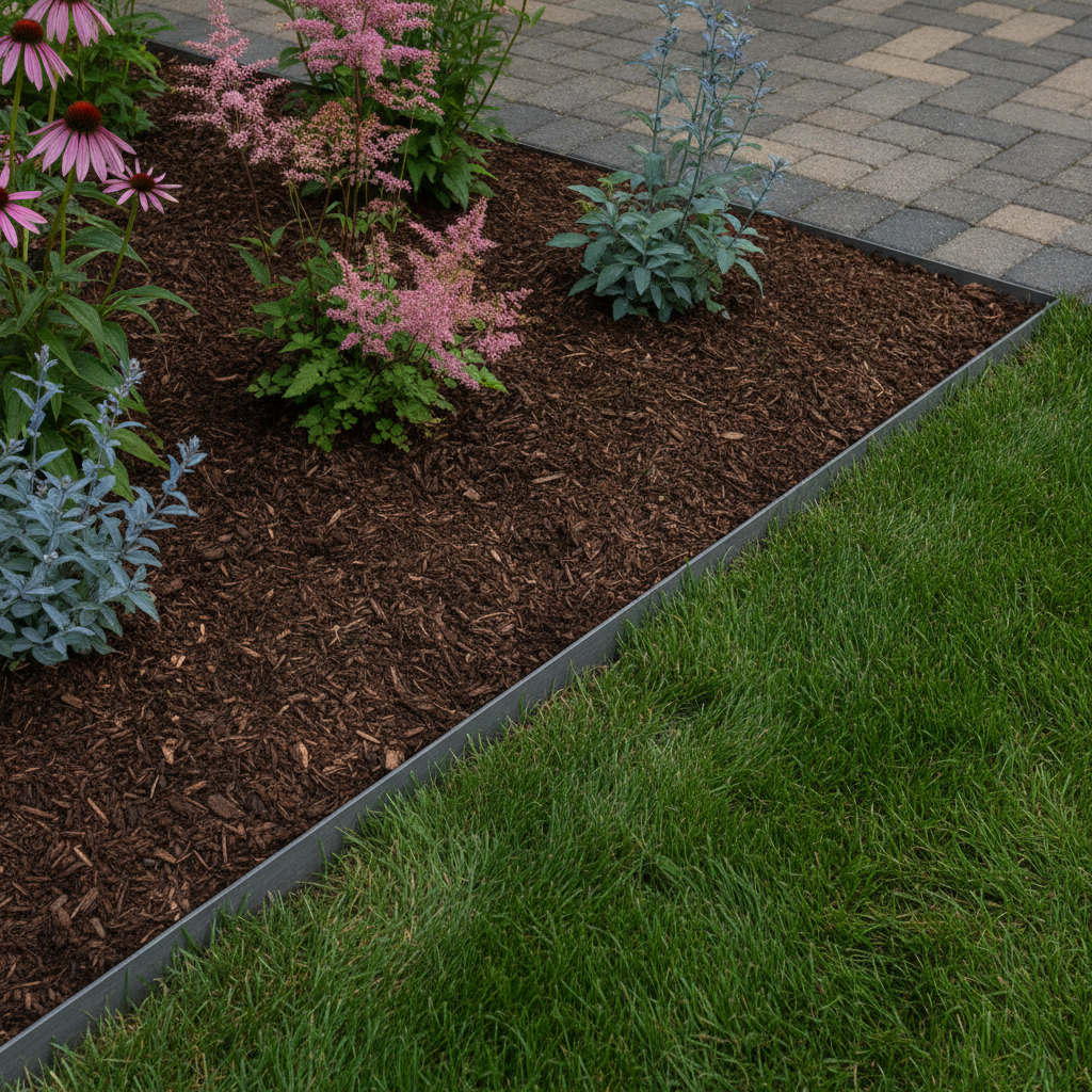 Close-up of fresh dark mulch around perennials with clean metal edging and interlocking paver border in a Mississauga yard, a seasonal landscaping refresh detail