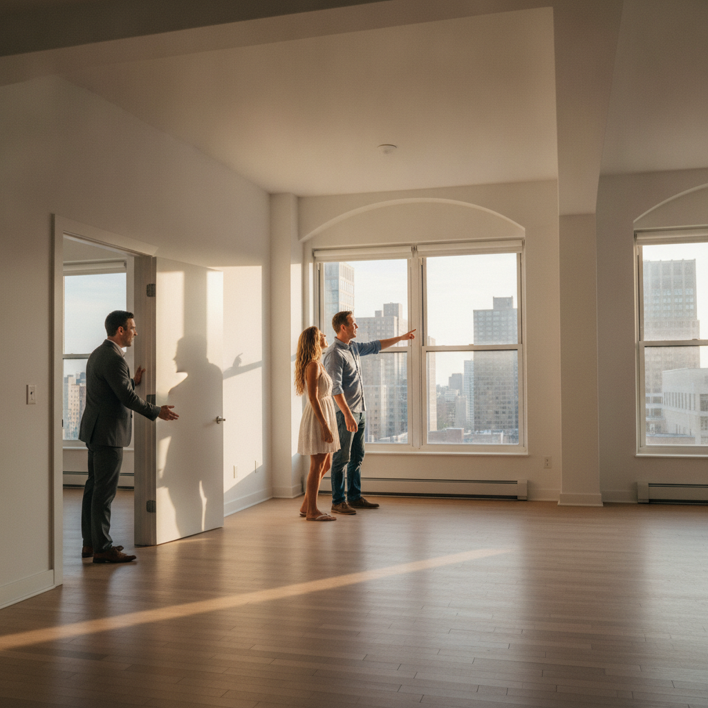 Couple touring a bright apartment after using rental listings websites to schedule a viewing