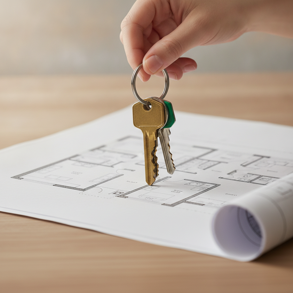 Close-up of keys and a floor plan illustrating rental search readiness on rental listings websites