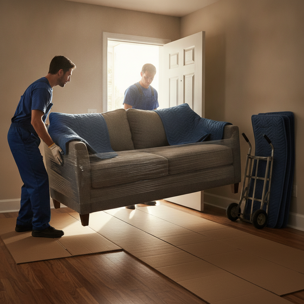 Two movers carrying a sofa with doorway protection and a hand truck nearby during a well-organized moving day